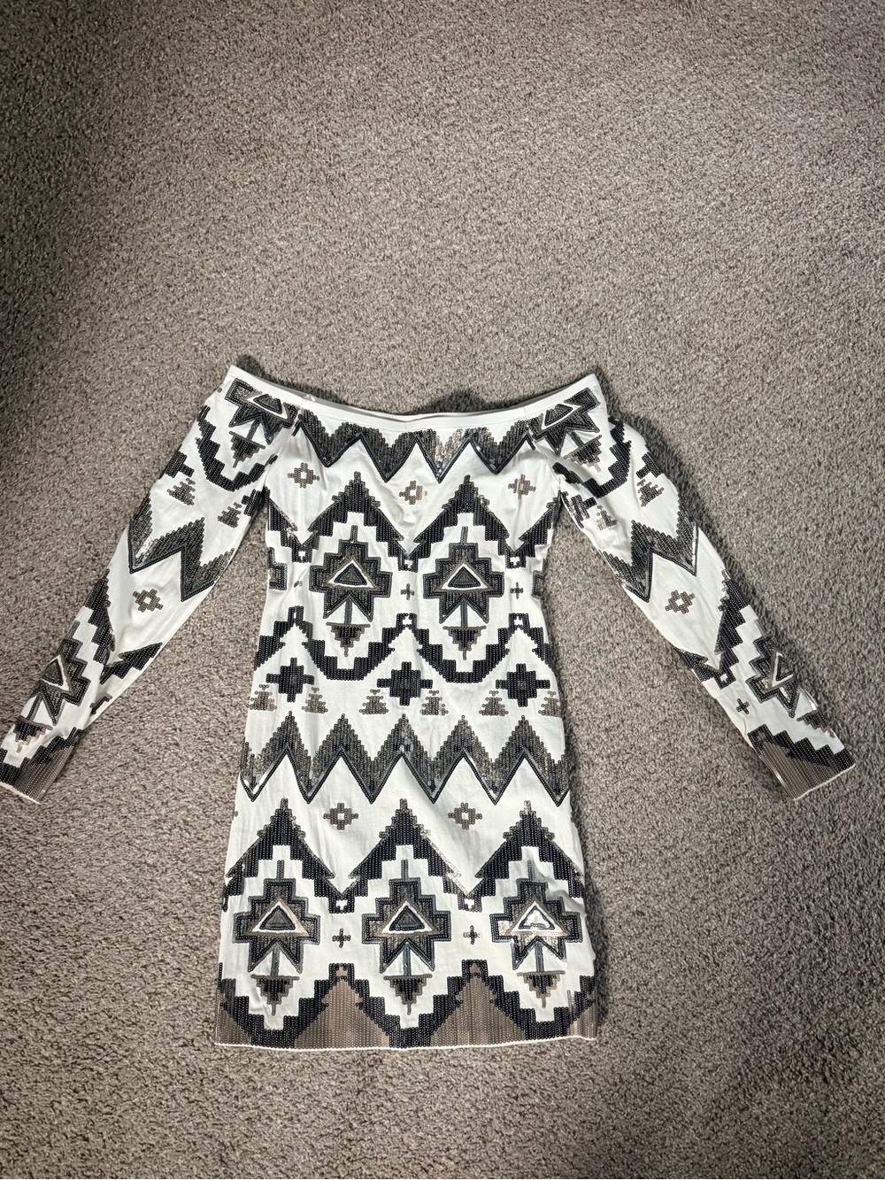 Express Off-Shoulder Long Sleeve Sequin Dress - Black & White